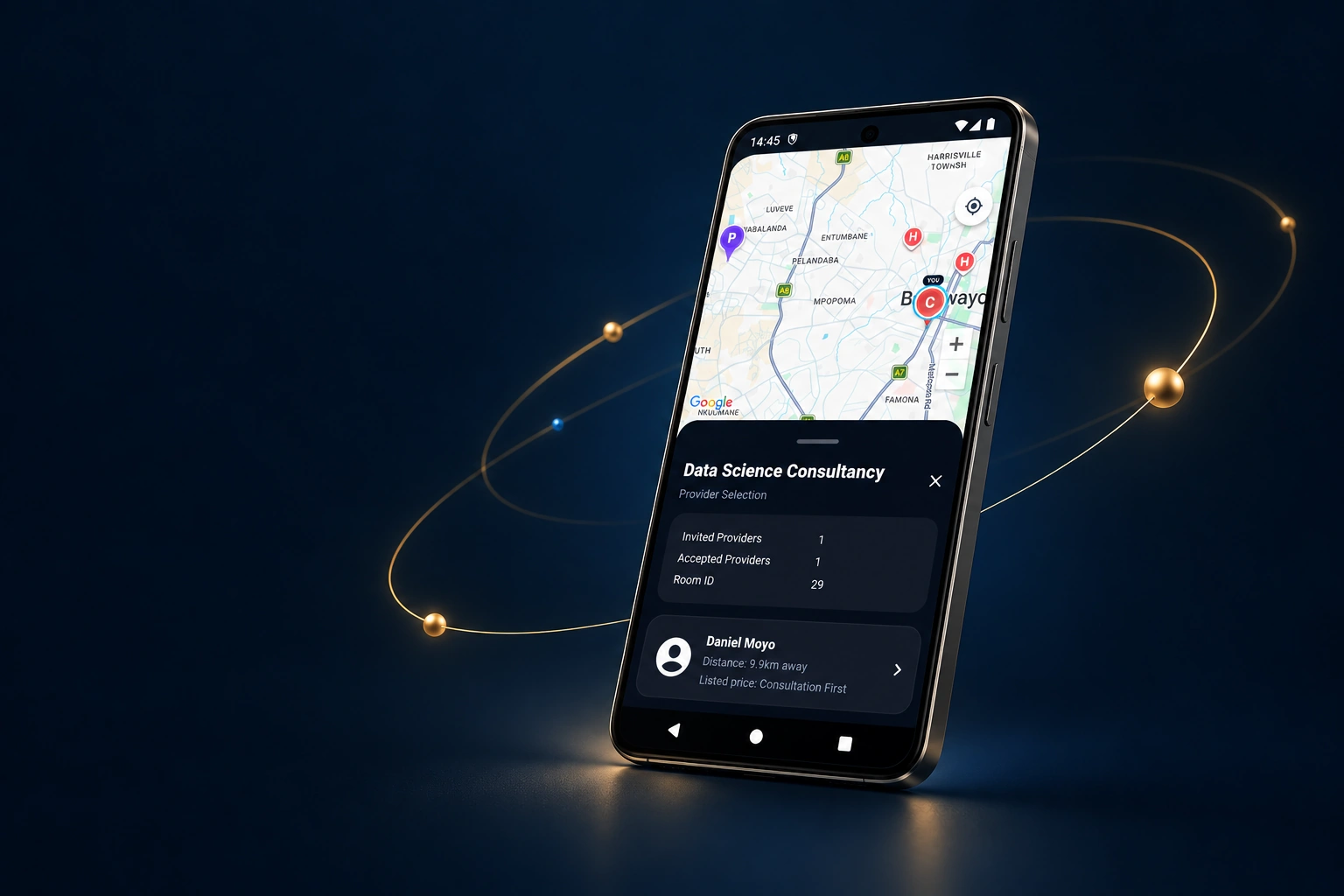 Illustrative Kolinn phone surrounded by gold orbital connections